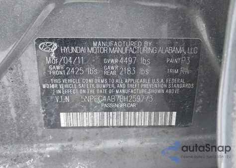 2011 Hyundai Sonata Se 2.0T z USA, uszkodzony, nr VIN 5NPEC4AB7BH259773